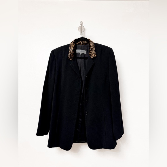Vintage Alex Garfield Blazer with Leopard Faux Fur Trim Collar Black 10 - Picture 2 of 8